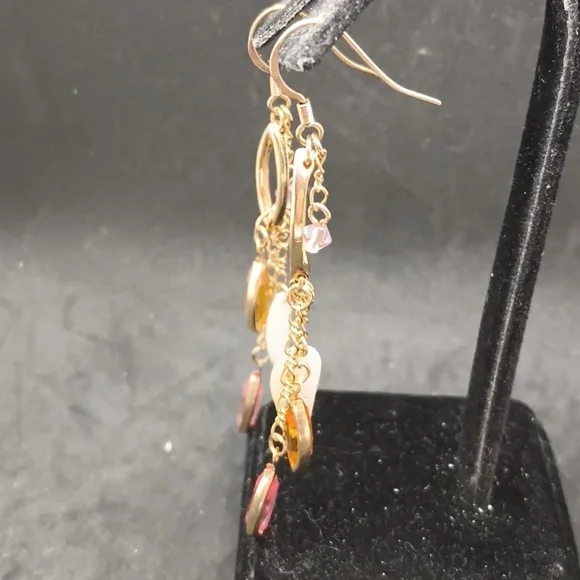 Vintage Gold Tone Beaded Charm Chain Dangle Earrings - Picture 3 of 4